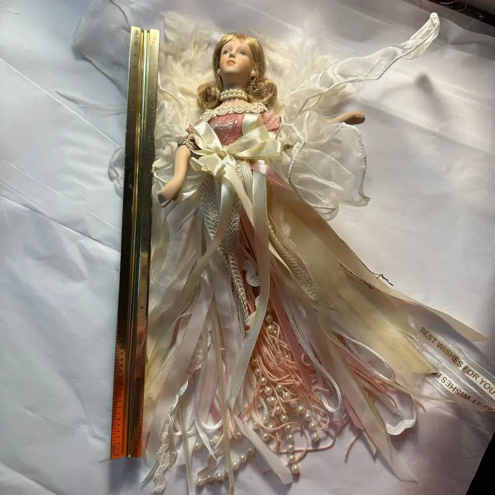 VTG Porcelain Angel Christmas Ornament Cream Pink Pearl Lace Feathers Ribbon 12”